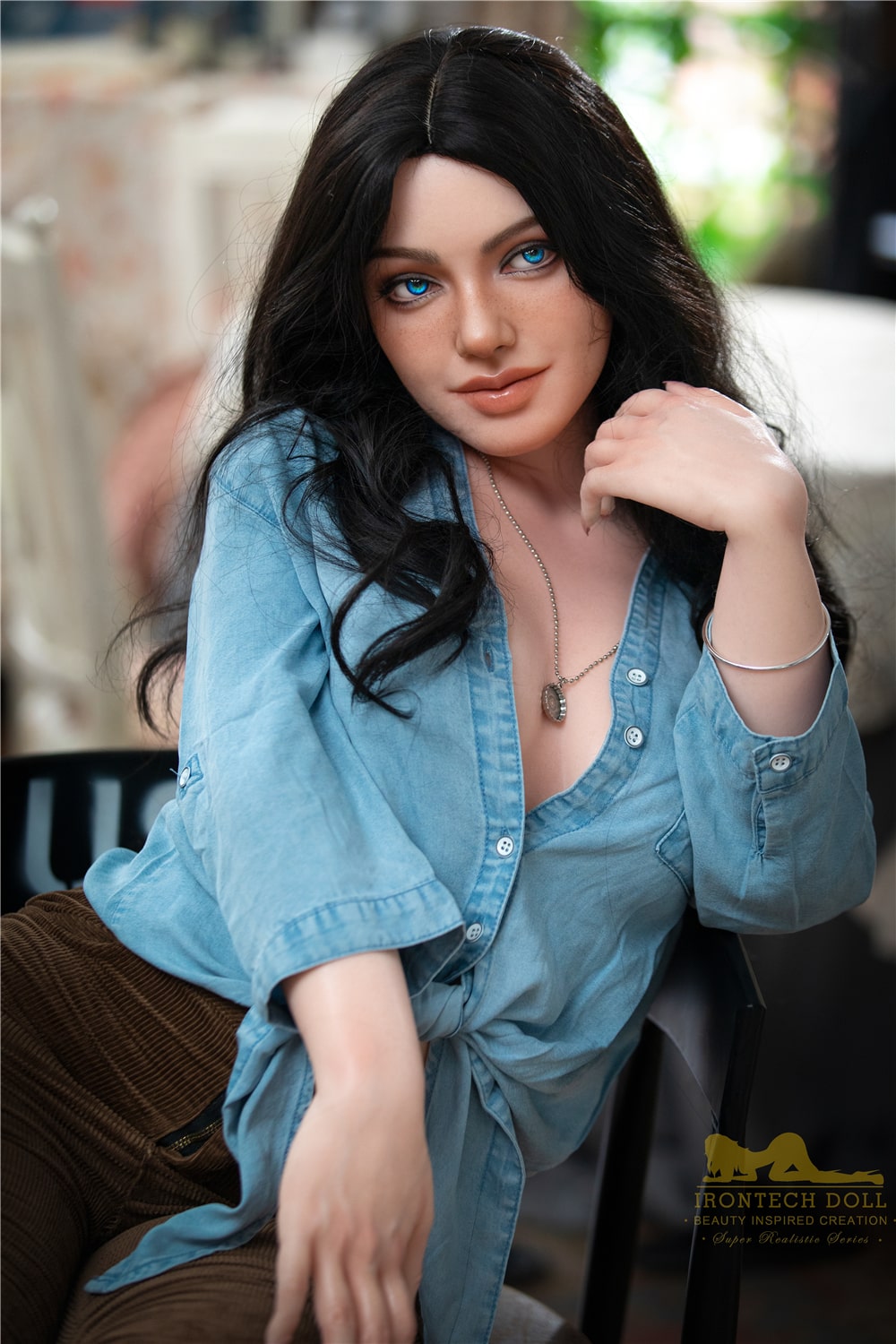 Brunette blue eyed silicone sex doll by irontech