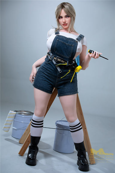 Irontech blonde silicone sex doll in builders outfit